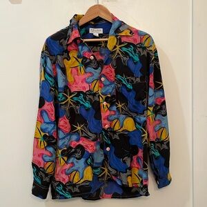 VINTAGE Guessilk by Georges Marciano Print Button Down Blouse 100% Silk SZ S